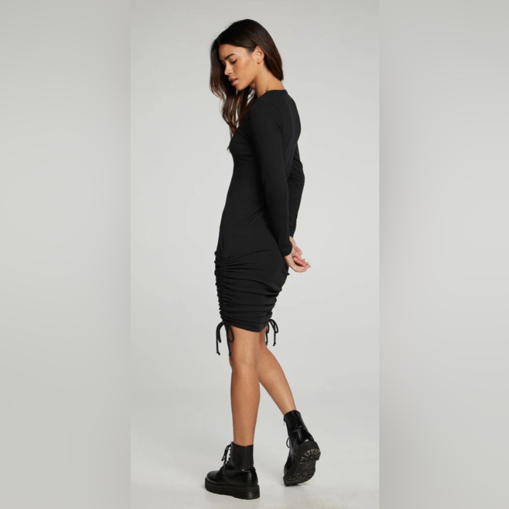 NWT [Lea & Viola] Black Long Sleeve Cinched Rouched Drawstring Dress Women’s S - Picture 2 of 14